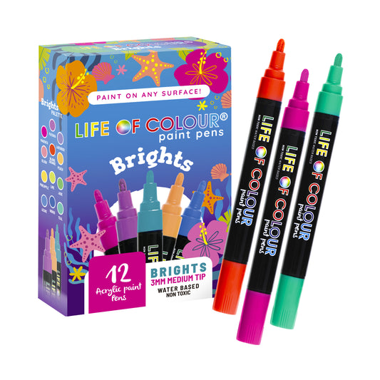 Bright Colours 3mm Medium Tip Acrylic Paint Pens - Set of 12