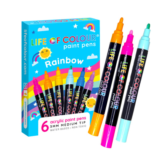 Rainbow Colours 3mm Medium Tip Acrylic Paint Pens - Set of 6