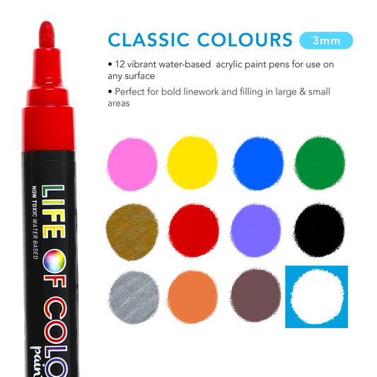 Classic Colours 3mm Medium Tip Acrylic Paint Pens - Set of 12